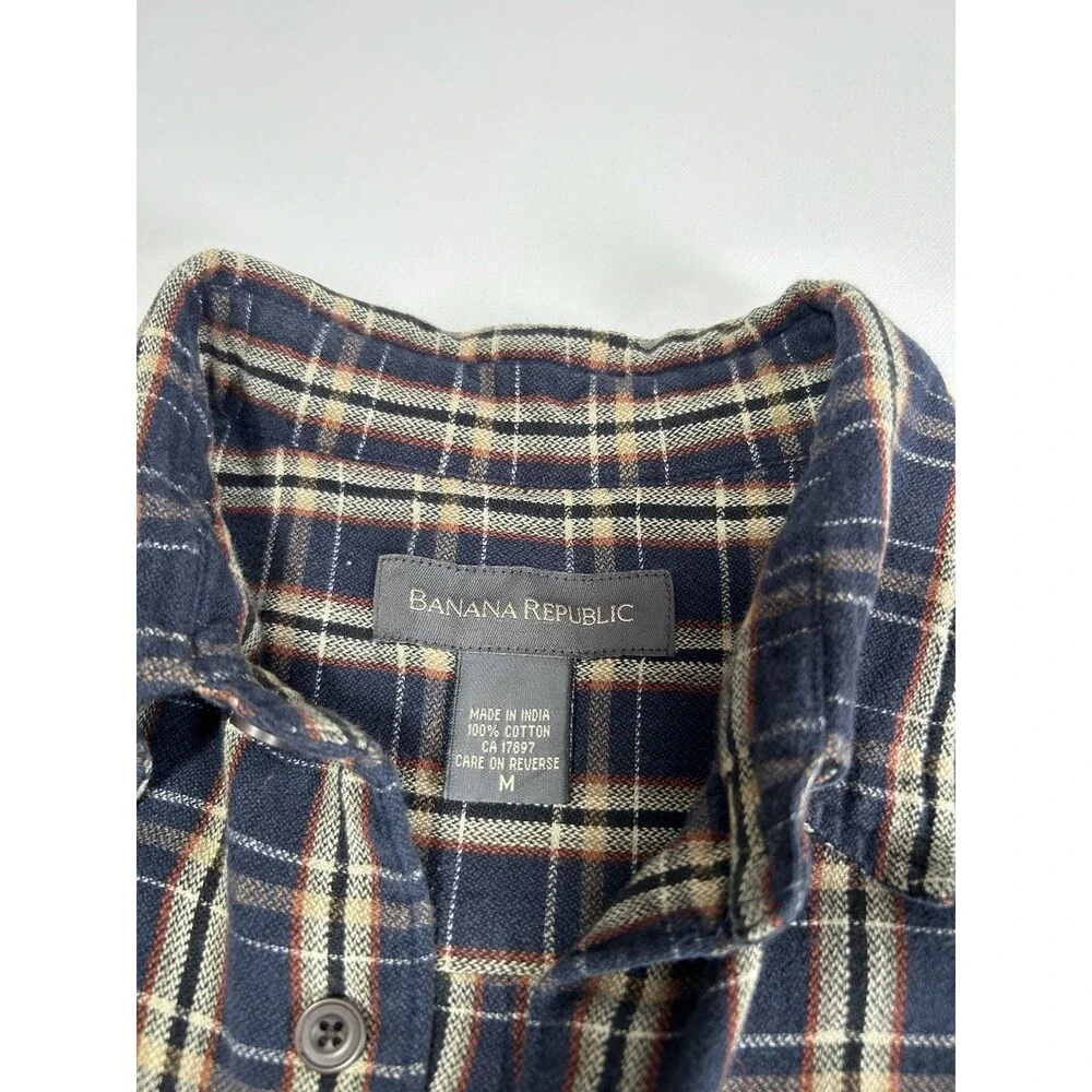 Banana Republic Plaid Lightweight Flannel Shirt Blue Tan Button Down Mens size M